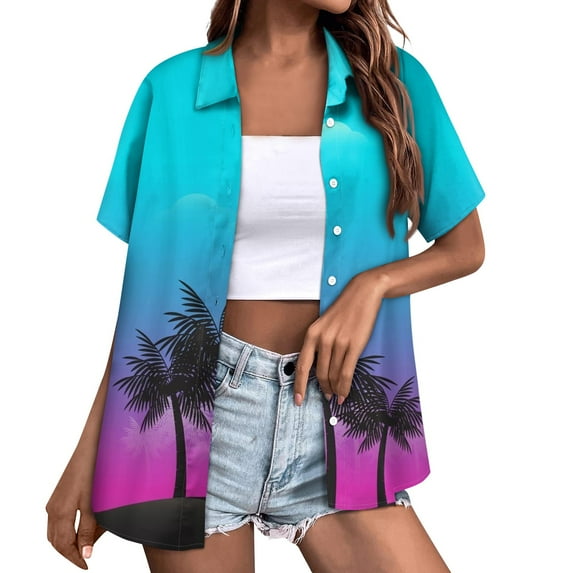 Huresd Hawaiian Shirts for Women Palm Tree Button Down Short Sleeve Holiday Tropical Blouse Light Blue S