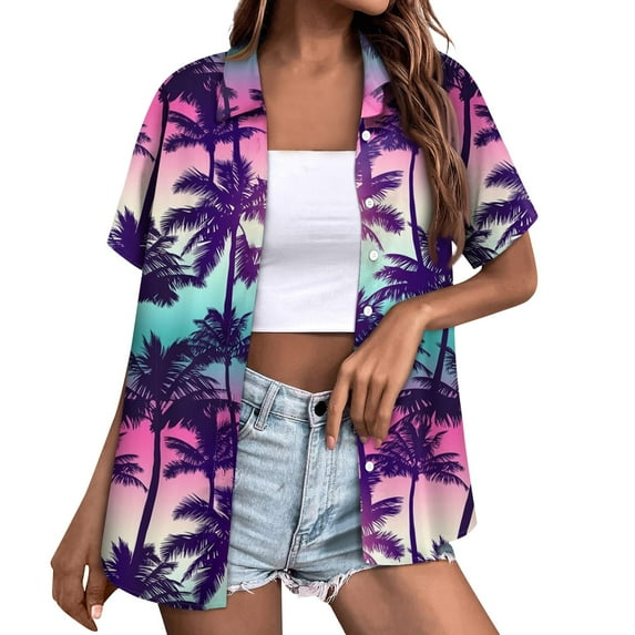Huresd Hawaiian Shirts for Women Palm Tree Button Down Short Sleeve Holiday Tropical Blouse Light Purple M
