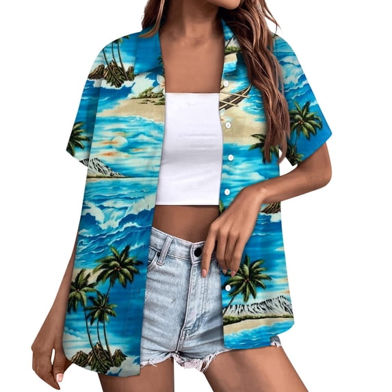 Huresd Hawaiian Shirts for Women Palm Tree Button Down Short Sleeve Holiday Tropical Blouse Sky Blue 2XL