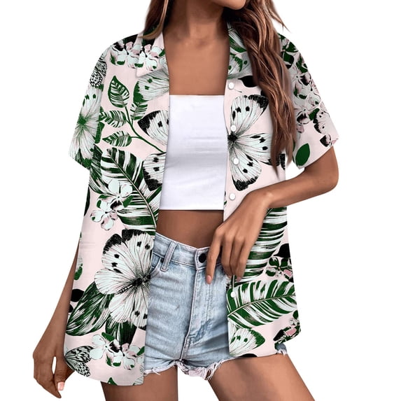 Huresd Hawaiian Shirts for Women Palm Tree Button Down Short Sleeve Holiday Tropical Blouse White S