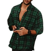 Huresd Long Sleeve Shirts for Men Flannel Classic Fashion Plaid Pint Casual Lapel Cotton Button Down Shirt Men Green 3XL