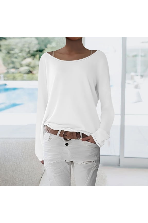 Long Sleeve Tops for Women 2024 Spring Trendy Cute Boat Neck Tunic Tops Loose Fit Lightweight Soft Cotton Blend Shirt Blouse White L