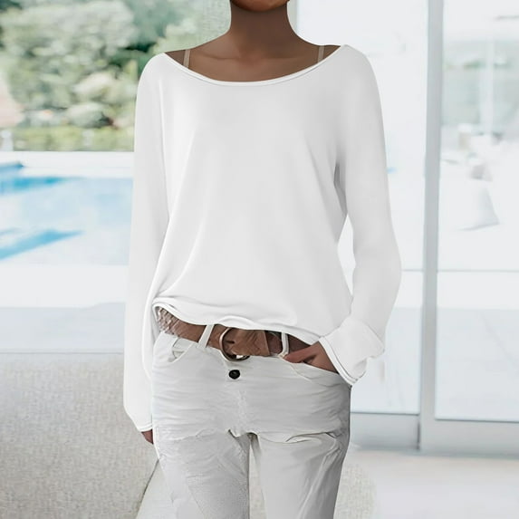 Huresd Long Sleeve Tops for Women 2024 Spring Trendy Cute Boat Neck Tunic Tops Loose Fit Lightweight Soft Cotton Blend Shirt Blouse White XL