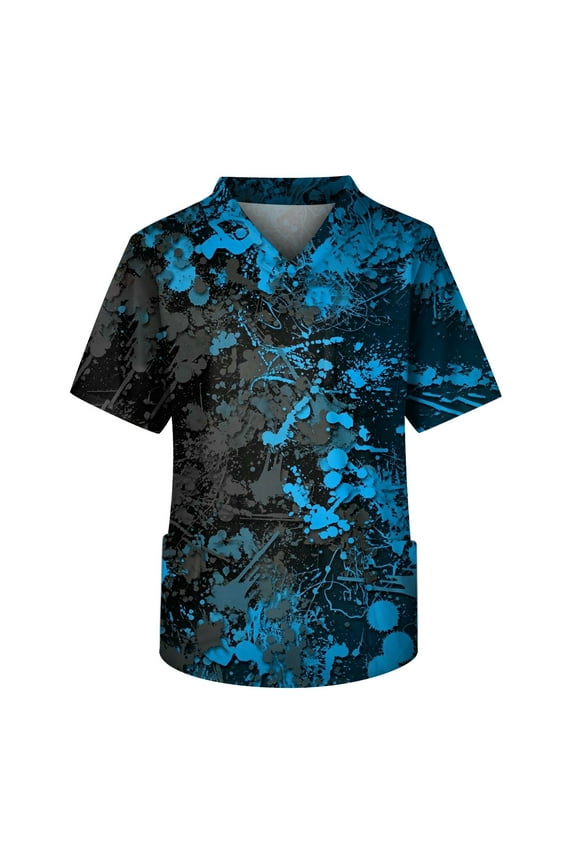 Men Graphic Scrubs, Fashion Plus Size Spring Scrubs Man Short Sleeve Work Tie Dye Pocket Soft Scrub Blue S