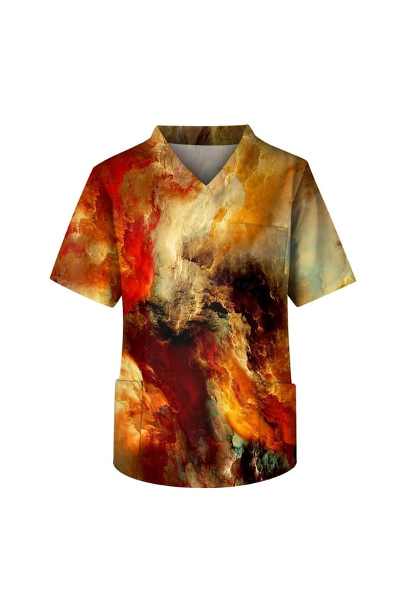 Men Graphic Scrubs, Fashion Plus Size Spring Scrubs Man Short Sleeve Work Tie Dye Pocket Soft Scrub Ginger 2XL