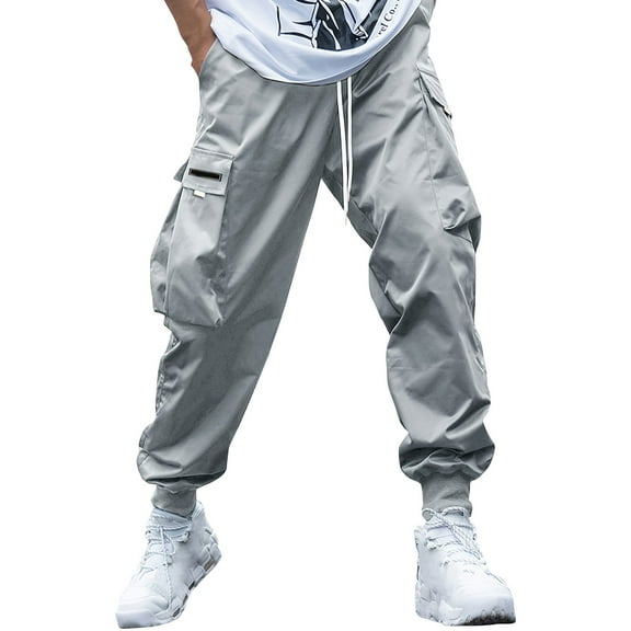 Godokuleh Men's Baggy Cargo Pants Drawstring Elastic Waist Flap Pocket Street Jogger Cargo Pants Gray M