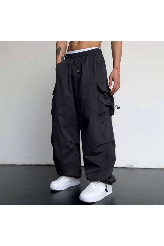 Huresd Men's Baggy Cargo Pants Trendy Casual Parachute Pant Loose Fit Harem Joggers with Pockets for Streetwear Black S