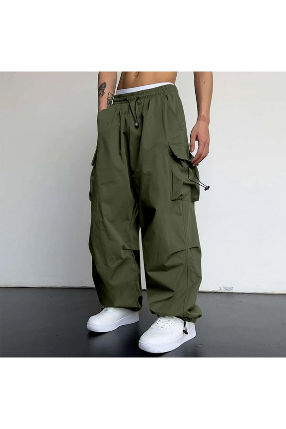 Huresd Men's Baggy Cargo Pants Trendy Casual Parachute Pant Loose Fit Harem Joggers with Pockets for Streetwear Green S