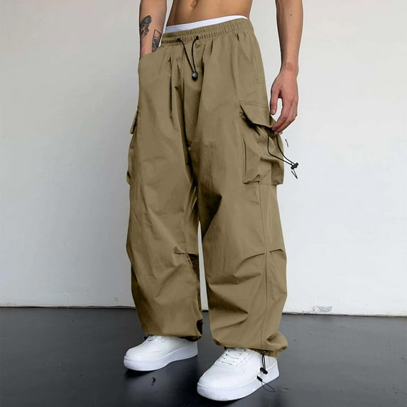 Huresd Men's Baggy Cargo Pants Trendy Casual Parachute Pant Loose Fit Harem Joggers with Pockets for Streetwear Khaki S