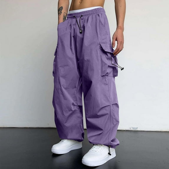 Huresd Men's Baggy Cargo Pants Trendy Casual Parachute Pant Loose Fit Harem Joggers with Pockets for Streetwear Purple S