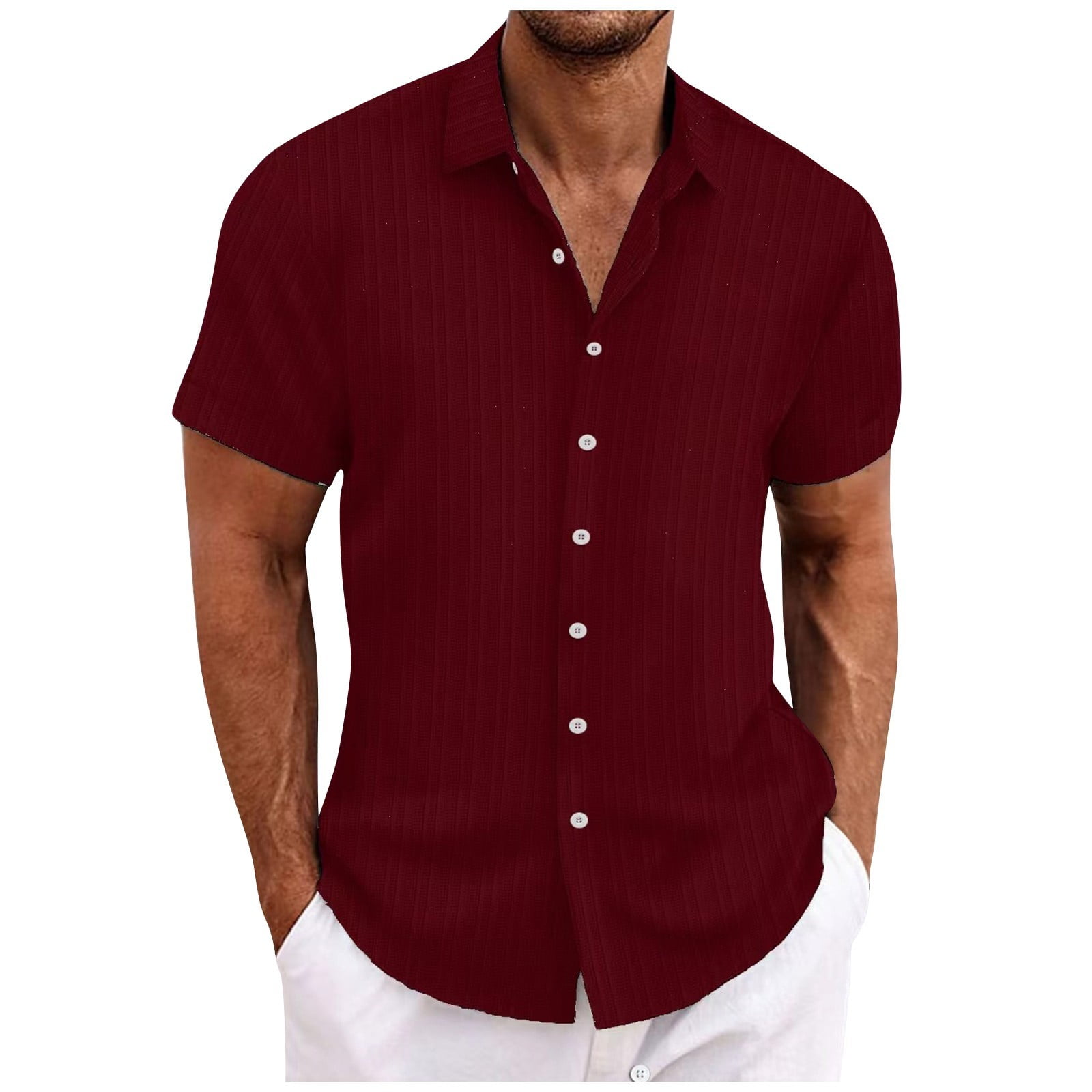 Huresd Men's Casual Stylish Short Sleeve Button-Up Striped Dress