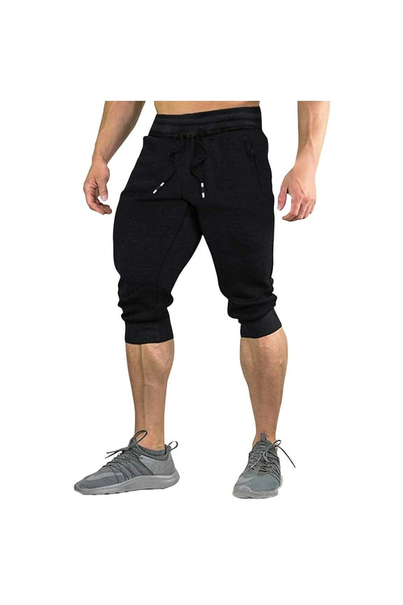 Men's Cotton Casual Shorts 3/4 Jogger Capri Pants Breathable Below Knee Short Pants with Three Pockets Black M