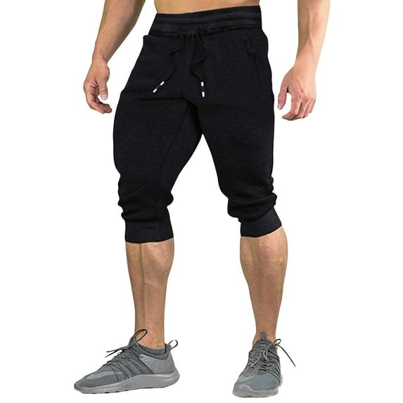 Huresd Men's Cotton Casual Shorts 3/4 Jogger Capri Pants Breathable Below Knee Short Pants with Three Pockets Black XL