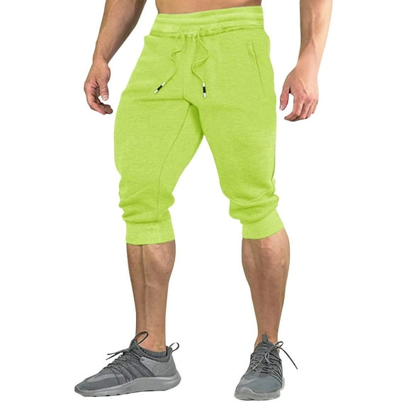 Huresd Men's Cotton Casual Shorts 3/4 Jogger Capri Pants Breathable Below Knee Short Pants with Three Pockets Fluorescent Green M