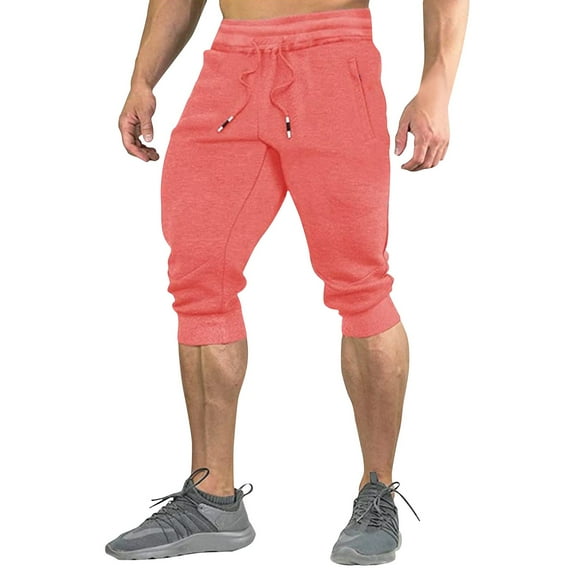 Huresd Men's Cotton Casual Shorts 3/4 Jogger Capri Pants Breathable Below Knee Short Pants with Three Pockets Watermelon Red XL