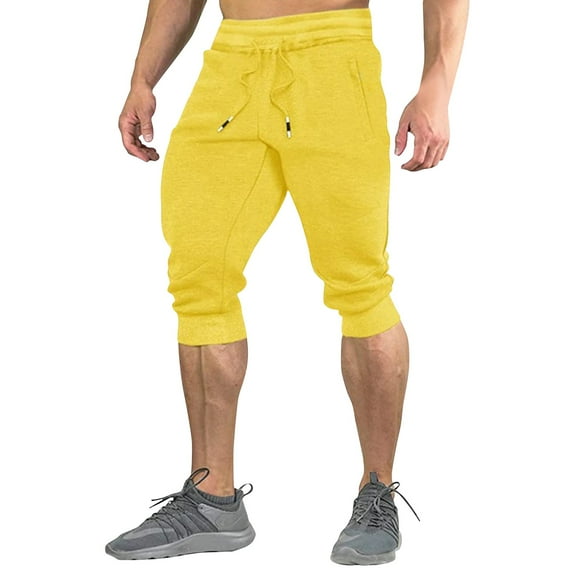 Huresd Men's Cotton Casual Shorts 3/4 Jogger Capri Pants Breathable Below Knee Short Pants with Three Pockets Yellow M