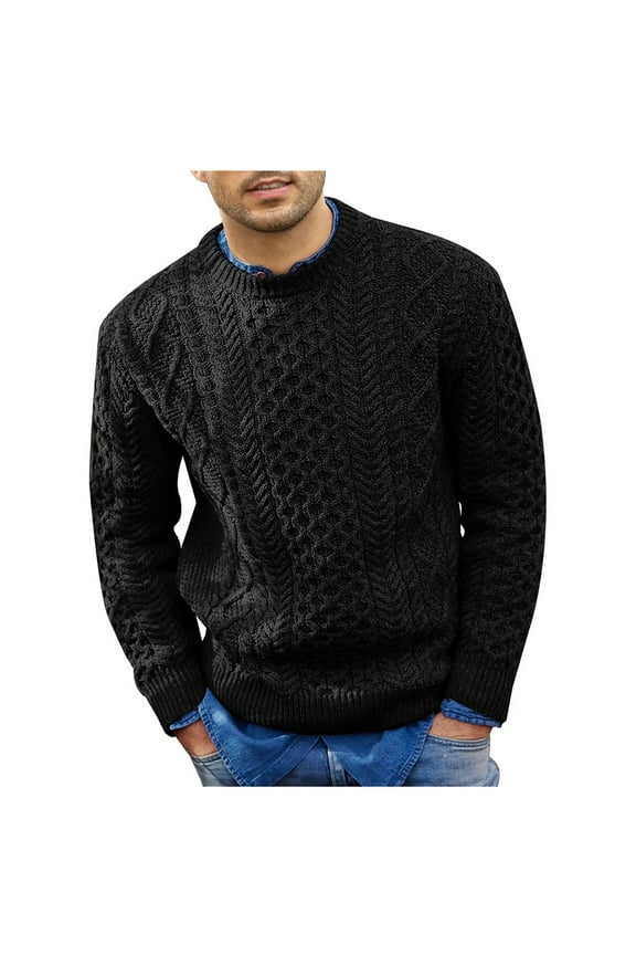 Men's Fisherman Cable Crewneck Sweater Winter Casual Sweater for Men Knitted Pullover Sweaters with Ribbing Edge Black XL