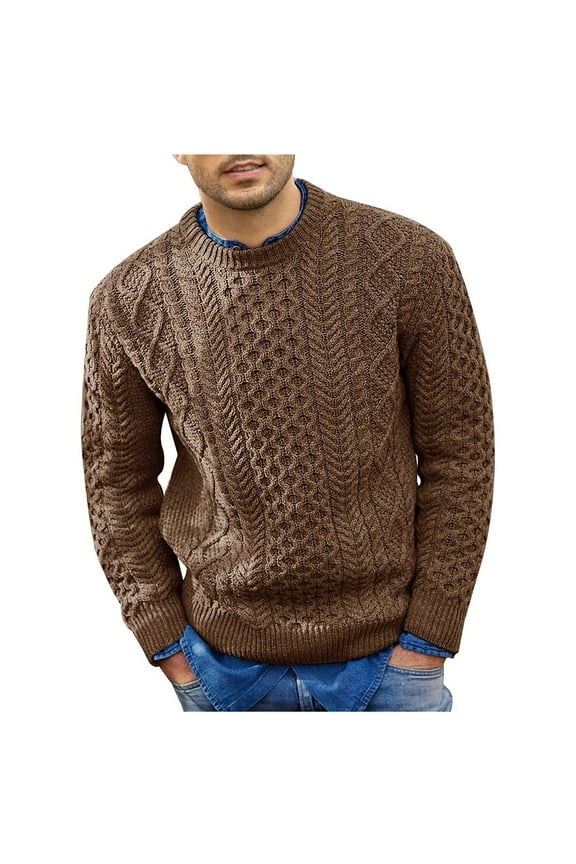 Men's Fisherman Cable Crewneck Sweater Winter Casual Sweater for Men Knitted Pullover Sweaters with Ribbing Edge Brown M