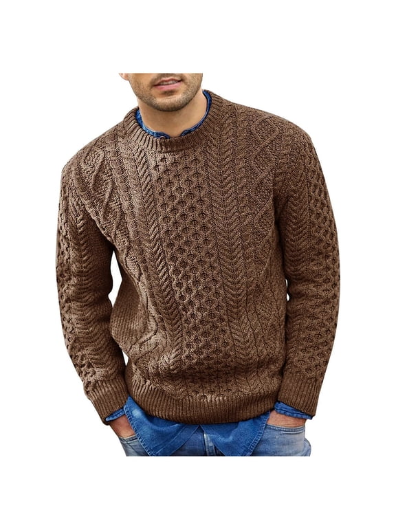 Men's Fisherman Cable Crewneck Sweater Winter Casual Sweater for Men Knitted Pullover Sweaters with Ribbing Edge Brown XL