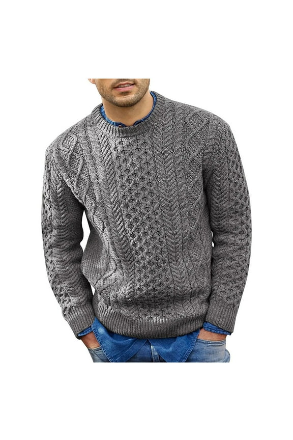 Men's Fisherman Cable Crewneck Sweater Winter Casual Sweater for Men Knitted Pullover Sweaters with Ribbing Edge Gray M