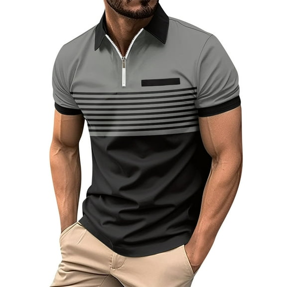 Huresd Men's Golf Polo Shirts Short Sleeve Collar Tennis Shirt Color Block Striped Work T-Shirt Gray L