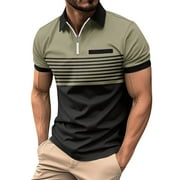 Huresd Men's Golf Polo Shirts Short Sleeve Collar Tennis Shirt Color Block Striped Work T-Shirt Khaki 2XL