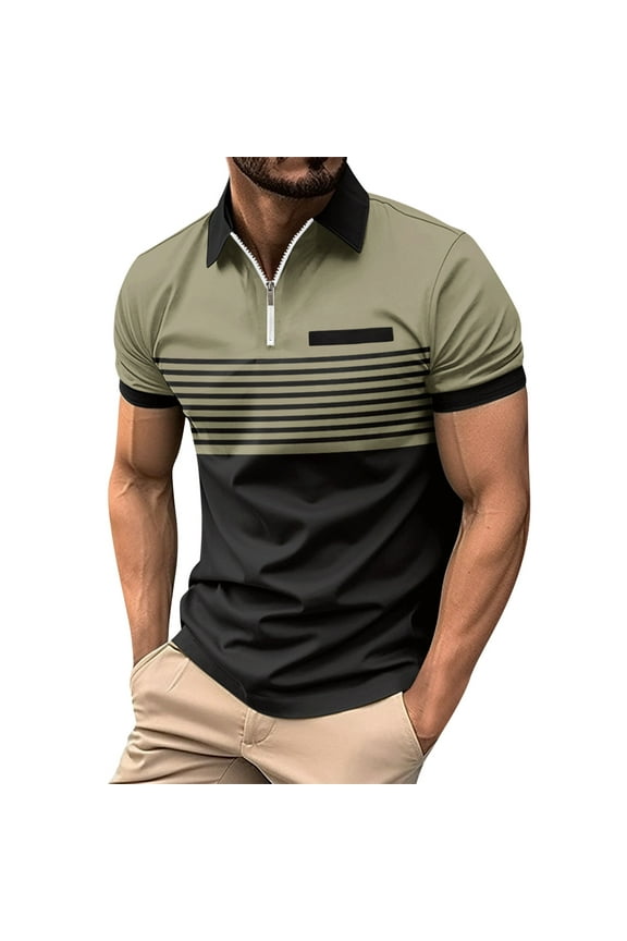 Men's Golf Polo Shirts Short Sleeve Collar Tennis Shirt Color Block Striped Work T-Shirt Khaki XL
