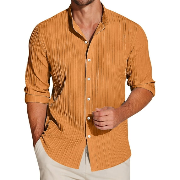 Huresd Men's Lightweight Casual Button Down Shirts Textured Business Dress Shirts Orange 3XL