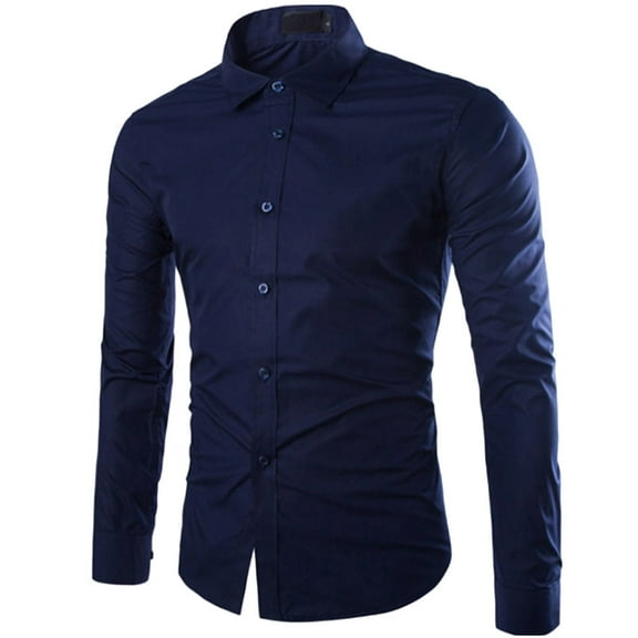 Huresd Men's Long Sleeve Button Up Shirts Solid Slim Fit Casual Business Formal Dress Shirt Dark Blue L