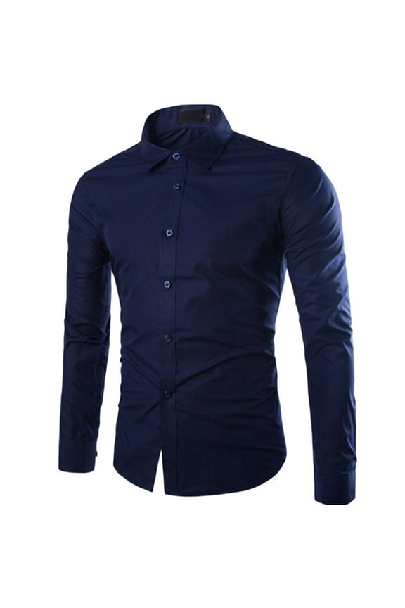 Men's Long Sleeve Button Up Shirts Solid Slim Fit Casual Business Formal Dress Shirt Dark Blue L