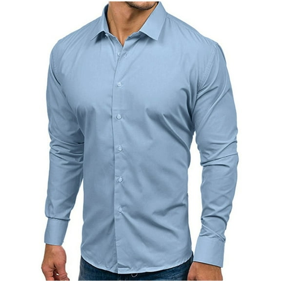 Huresd Men's Long Sleeve Button Up Shirts Solid Slim Fit Casual Business Formal Dress Shirt Light blue L