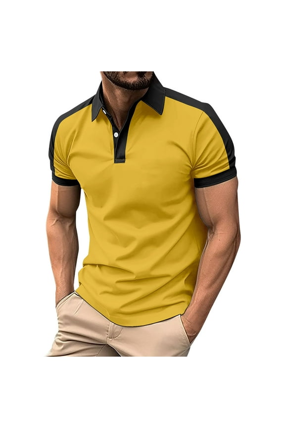 Men's Short Sleeve Polo Shirts Casual Slim Fit Fashion Cotton Shirt Gold S