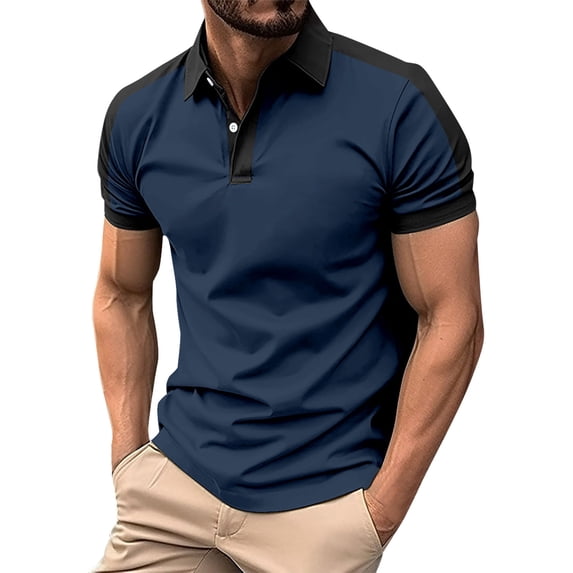 Huresd Men's Short Sleeve Polo Shirts Casual Slim Fit Fashion Cotton Shirt Navy 3XL