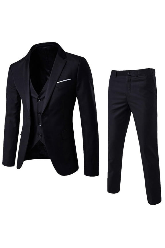 Men’s Suit Slim 3-Piece Suit R Business Wedding Party Jacket Vest & Pants Black L