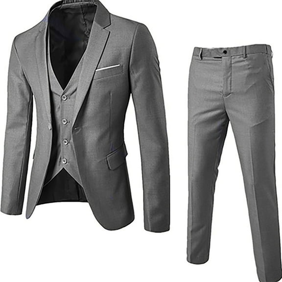 Huresd Men’s Suit Slim 3-Piece Suit R Business Wedding Party Jacket Vest & Pants Gray 2XL