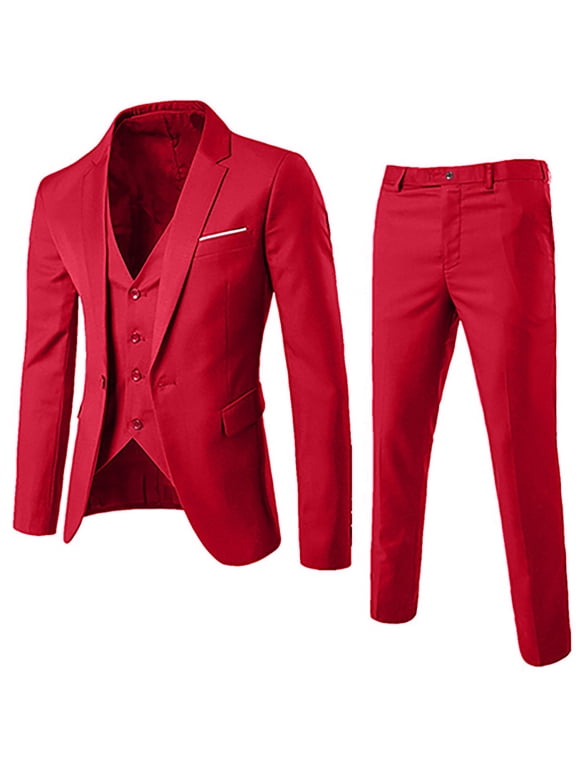 Men’s Suit Slim 3-Piece Suit R Business Wedding Party Jacket Vest & Pants Wine 3XL