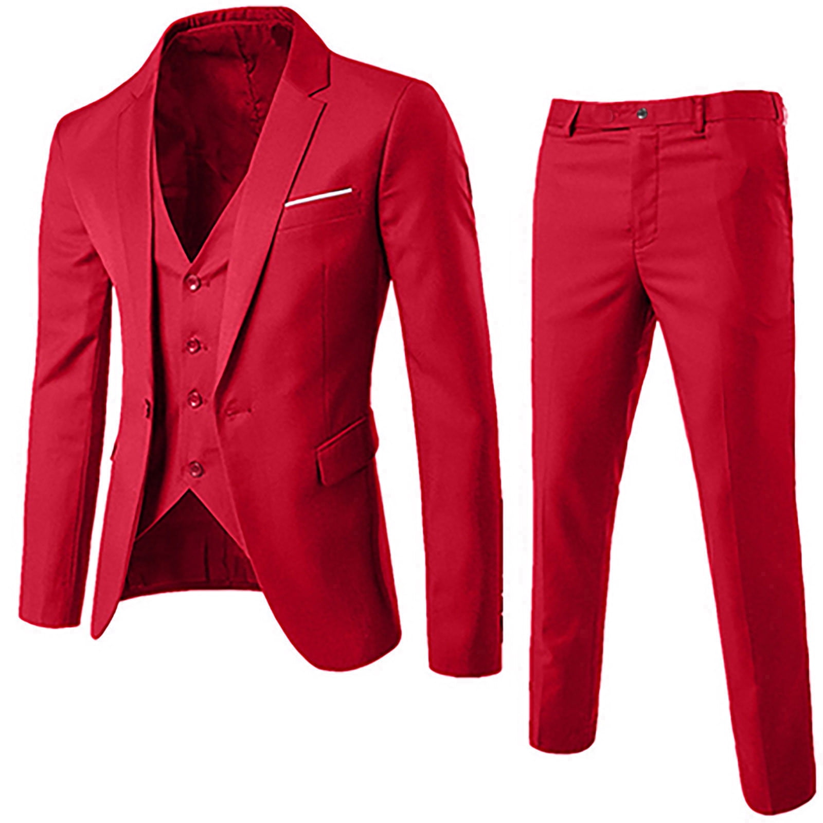 Men’s Suit Slim 3-Piece Suit R Business Wedding Party Jacket Vest & Pants Wine L