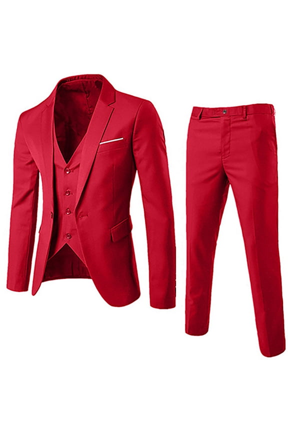 Men’s Suit Slim 3-Piece Suit R Business Wedding Party Jacket Vest & Pants Wine M