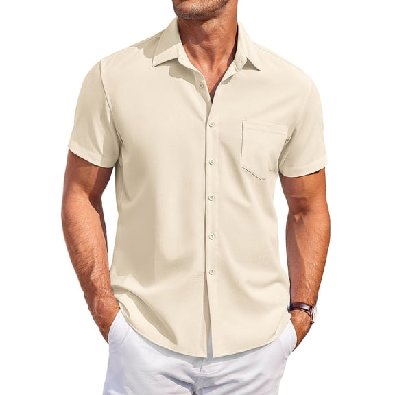 Huresd Men's Wrinkle Free Untucked Cuban Shirt Business Casual Button Down Shirts Short Sleeve Solid Color Shirt Beige XL