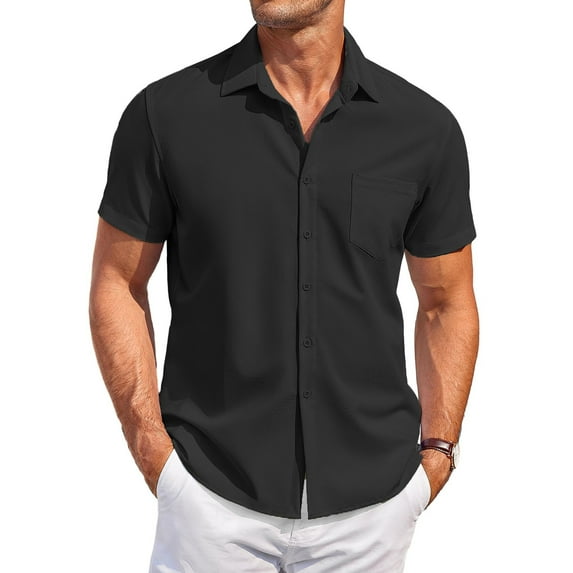 Huresd Men's Wrinkle Free Untucked Cuban Shirt Business Casual Button Down Shirts Short Sleeve Solid Color Shirt Black M