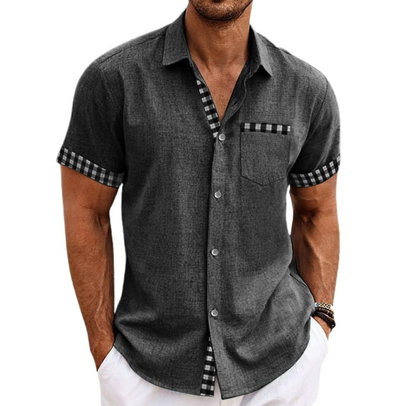 Huresd Men's Wrinkle Free Untucked Cuban Shirt Business Casual Button Down Shirts Short Sleeve Solid Color Shirt Dark Gray L