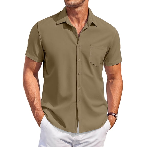Huresd Men's Wrinkle Free Untucked Cuban Shirt Business Casual Button Down Shirts Short Sleeve Solid Color Shirt Light Brown L