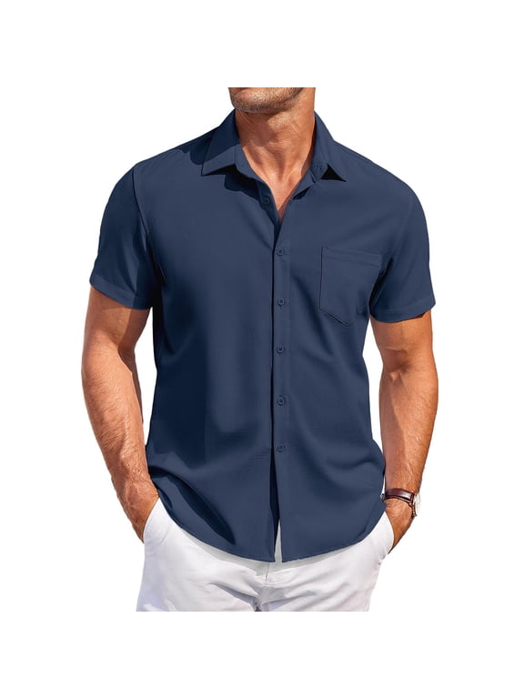 Men's Wrinkle Free Untucked Cuban Shirt Business Casual Button Down Shirts Short Sleeve Solid Color Shirt Navy XL
