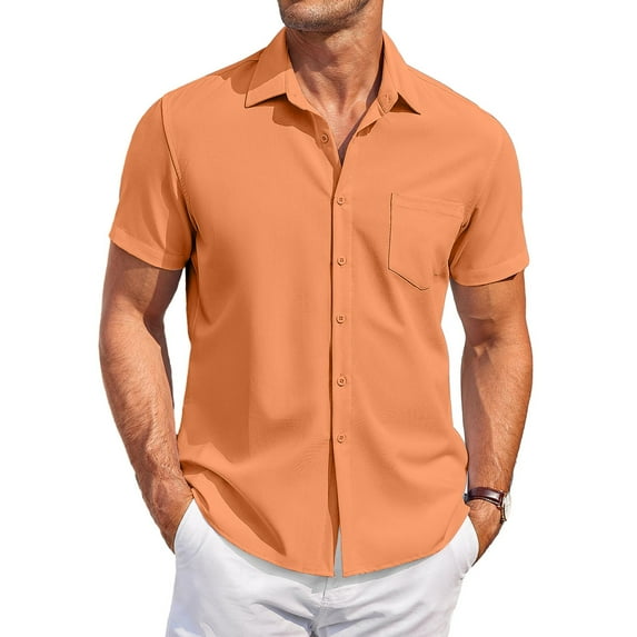 Huresd Men's Wrinkle Free Untucked Cuban Shirt Business Casual Button Down Shirts Short Sleeve Solid Color Shirt Orange L