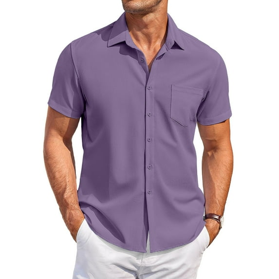 Huresd Men's Wrinkle Free Untucked Cuban Shirt Business Casual Button Down Shirts Short Sleeve Solid Color Shirt Purple 3XL
