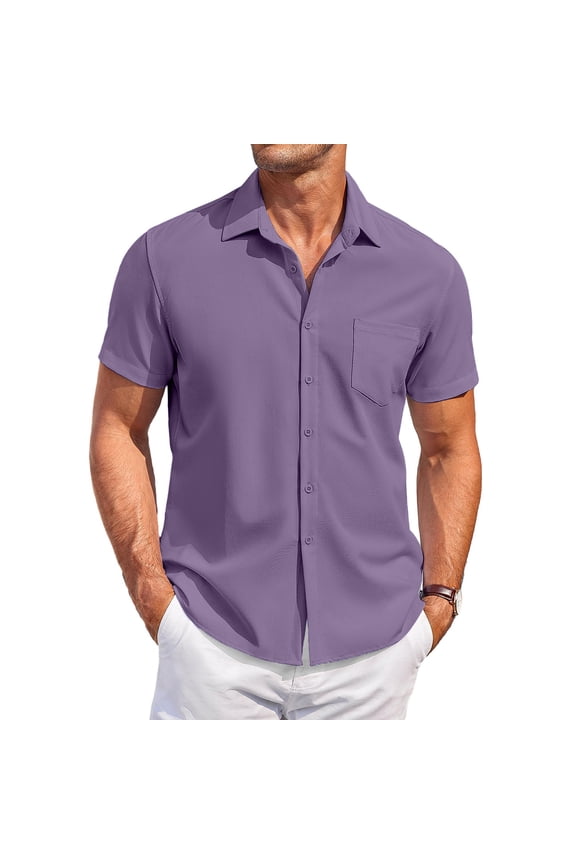 Men's Wrinkle Free Untucked Cuban Shirt Business Casual Button Down Shirts Short Sleeve Solid Color Shirt Purple L