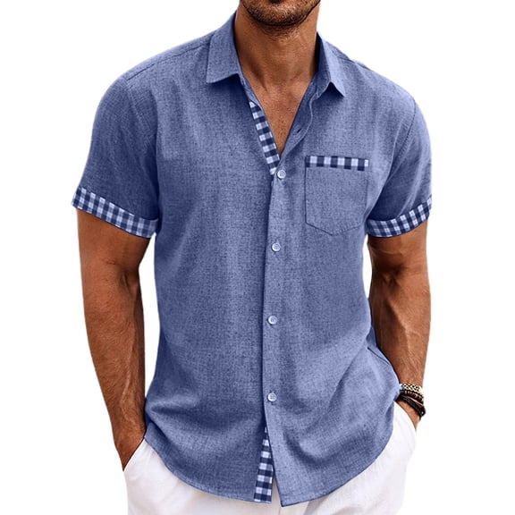 Huresd Men's Wrinkle Free Untucked Cuban Shirt Business Casual Button Down Shirts Short Sleeve Solid Color Shirt Royal Blue M