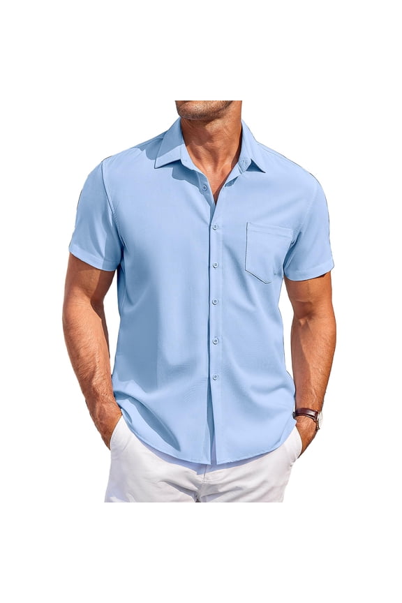 Men's Wrinkle Free Untucked Cuban Shirt Business Casual Button Down Shirts Short Sleeve Solid Color Shirt Sky Blue M