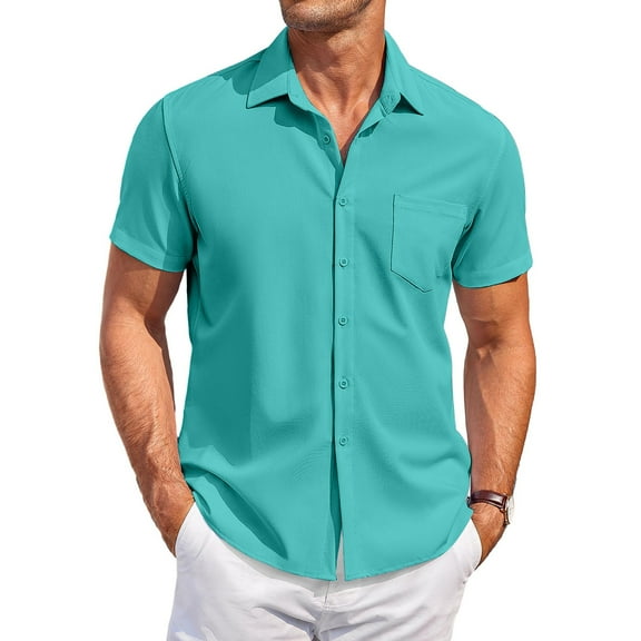 Huresd Men's Wrinkle Free Untucked Cuban Shirt Business Casual Button Down Shirts Short Sleeve Solid Color Shirt Turquoise M
