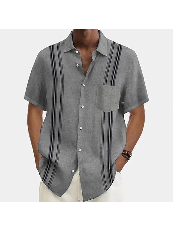 Men's Wrinkle Free Untucked Cuban Shirt Business Casual Button Down Shirts Short Sleeve Striped Print Shirt Gray 2XL
